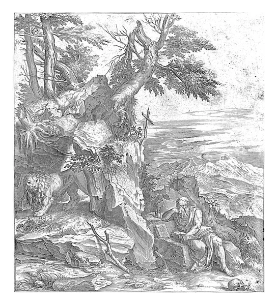 ヒエロニムス リーディングと風景 コーネリス コート ティツィアーノの後 1650 1799聖ジェロームは 山岳風景の中に岩の上に座っています — ストック写真