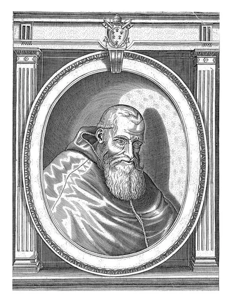 教皇パウロ3世の肖像は 教皇の衣を着ていた エッジレタリングを施した楕円形のフレームの右側にバスト 彼の紋章はラテン語とトップセンターの2行のテキストの上に描かれています — ストック写真