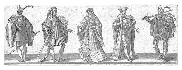 盾と杖を持つ女一人と剣と盾を持つ男四人の描写 — ストック写真