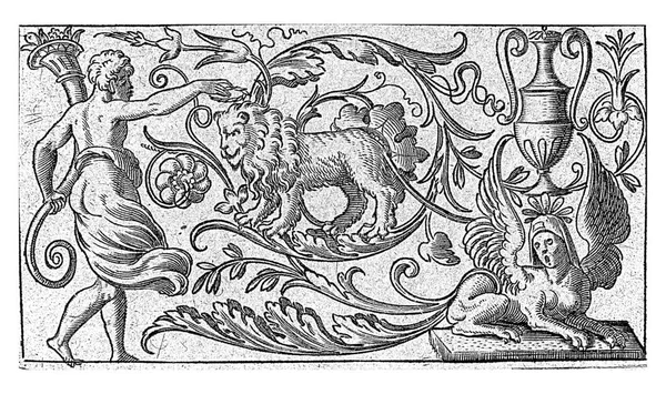 弗里斯兰人和狮子 匿名的 在科尼里斯 博斯之后 1548年左边是一个带着核桃体的男人 他在叶子的藤蔓上给狮子加冕 — 图库照片