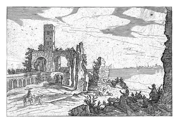 水面上有拱门和塔楼的废墟左边是个拿着阳伞 骑着驴子 走着路的人 在正确的前景中 有两个人物和两个山羊 — 图库照片