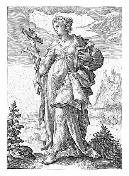 The Faith personified; a female figure with a crucifix and a bible.