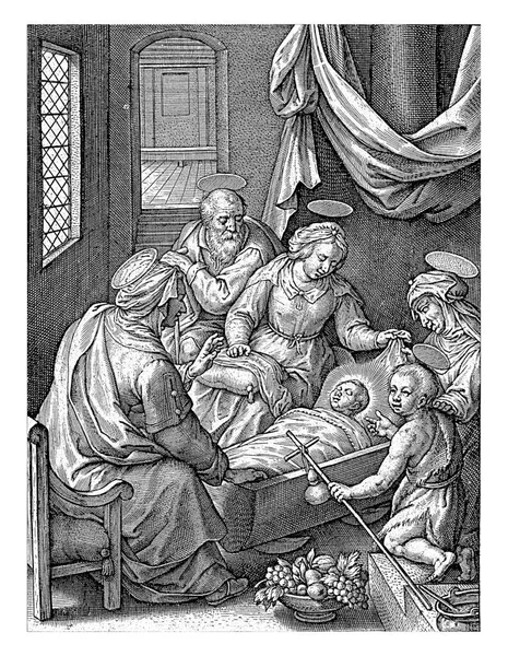 Chrystus Dzieciątko Śpi Kołysce Hieronymus Wierix 1563 Przed 1619 Maryja — Zdjęcie stockowe