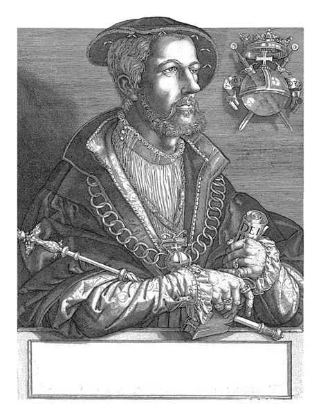 蒙斯特Anabaptists的领袖兼自封国王Jan Beukelszoon Van Leiden的肖像 他脖子上戴着一条链子 胳膊下夹着权杖 手里拿着一本圣经和一本小册子 — 图库照片