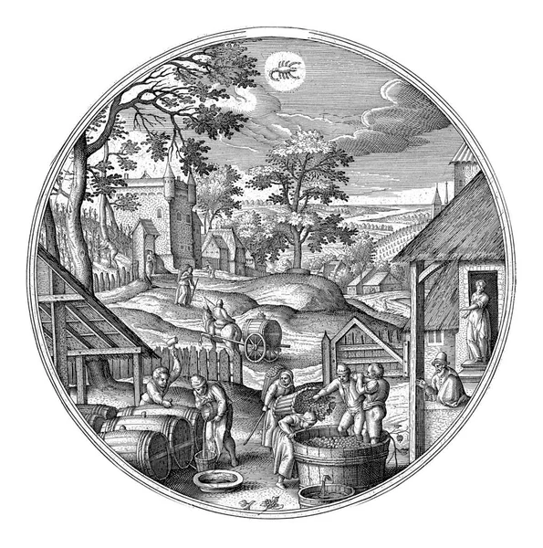 Adriaen Collaert 在Hans Bol之后 1578 1582圆框 秋天的风景和秋天的场景 十月是葡萄酒的月份 — 图库照片