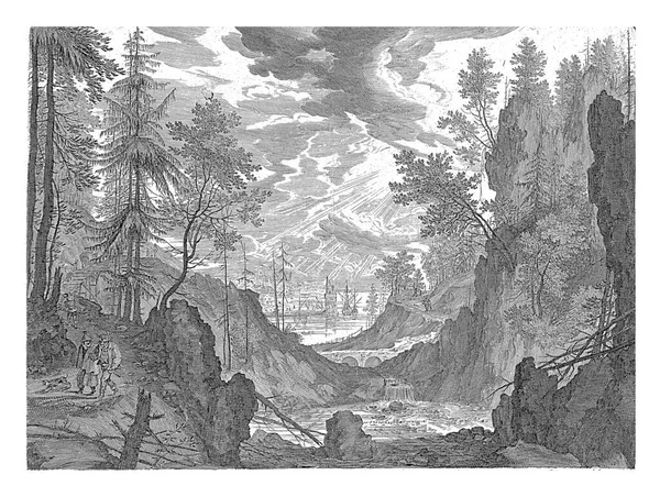 Lesní Krajina Řeky Vodopádem Nalevo Břehu Dva Poutníci Pes Město — Stock fotografie