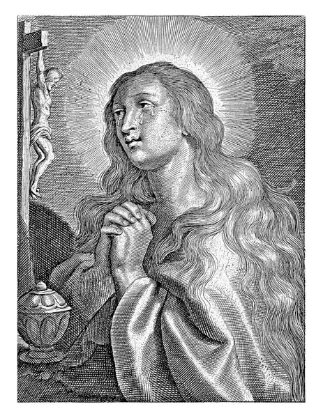Марія Магдалина Молиться Перед Розп Яттям Колінах — стокове фото