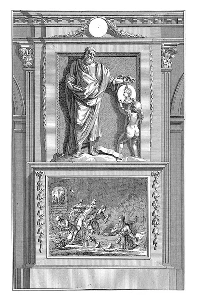教会の父オリゲン ヤンLuyken ヤンGoere 1698年の後教会の父オリゲンは天使に肖像画のメダリオンを示す 正面に殉教を描いた台座の上にオリゲネスが立っている — ストック写真