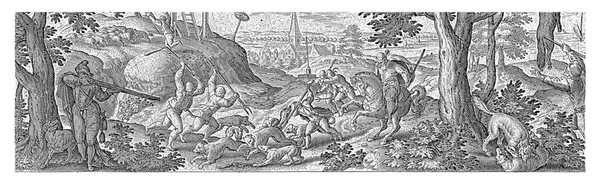 猎狗猎杀狼 然后被猎手用长矛和棍棒杀死 该印刷品有拉丁文字幕 是54幅系列印刷品的一部分 — 图库照片