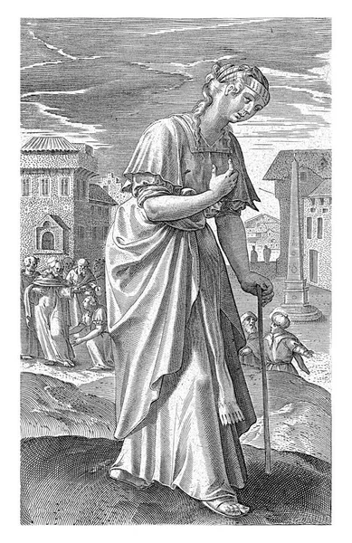 在前景中 妇女谁遭受的血液问题 她用手杖走路 在背景音乐中 基督医治女人 — 图库照片