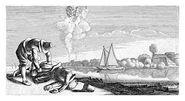 死者が奪われた川の風景 ファン ヴェルデ 1603 1652川のほとりに死んだ男が奪われました 川の帆船と水平線の煙のプルーム — ストック写真