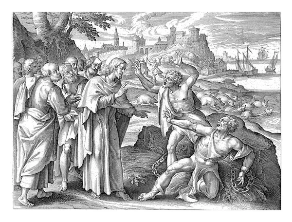 귀신들린 그리스도와 사도들에게 도움을 구하니 그리스도는 그들의 몸에서 악마를 쫓아낸다 — 스톡 사진