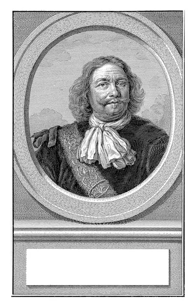 Egbert Meeuwisz Cortenaer在一个椭圆形的爆炸 这幅肖像画座落在一个柱子上 上面有他的名字和资料 用荷兰语写着三行字 — 图库照片