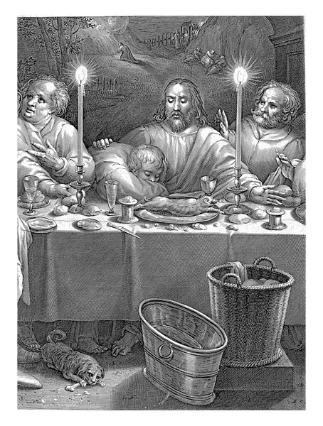 Chrystus Siedzi Pośród Swoich Uczniów Podczas Ostatniej Wieczerzy Johannes Leży — Zdjęcie stockowe