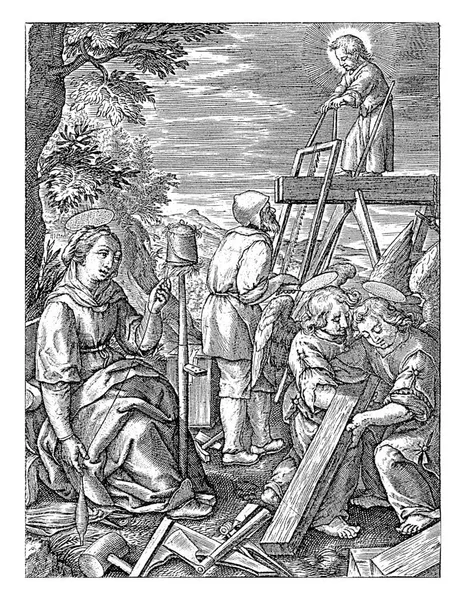 基督儿童帮助约瑟夫锯木 Hieronymus Wierix 1563年 1619年以前基督儿童和他的父亲约瑟夫一起锯木 前面的两个天使正在举起一根光束 — 图库照片