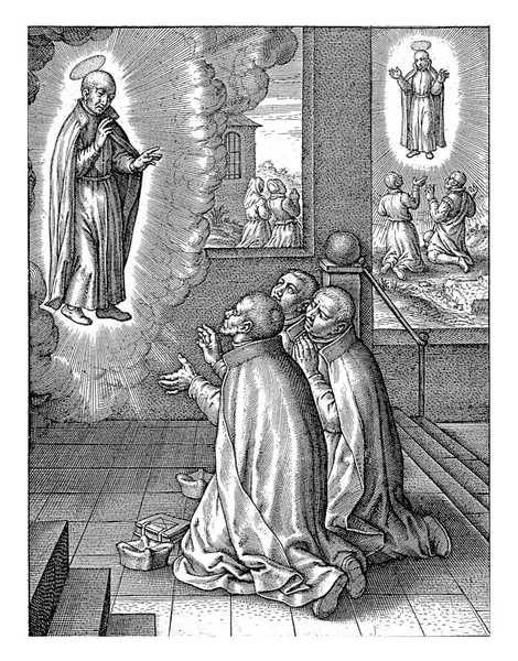 Loyola的Ignatius出现在三个耶稣会 Hieronymus Wierix 1611年至1615年 在他死后 Loyola的Ignatius出现在一个教堂里的三个耶稣会 — 图库照片