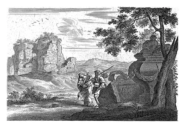 エジプトに逃げ込んだ聖家族 コーネリス 1638年 1678年マリアとヨセフとキリストの子は エジプトへ向かう途中にローマ時代の遺跡のある風景を歩いています — ストック写真