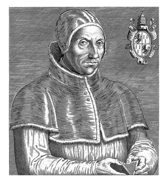阿德里安六世教皇的肖像他手里拿着一本书 右上方 他的臂章上有教皇的头冠和彼得的钥匙 — 图库照片