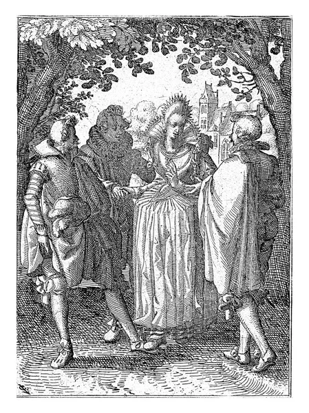 木の下には三人の男に囲まれた女性が立っている 彼女は握手をし 足で2番目に触れ 3番目に魅力的に笑顔 — ストック写真