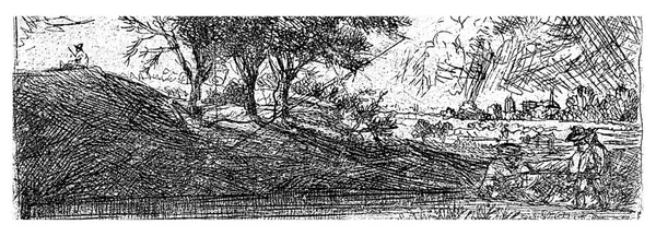 Пейзаж Холмом Тремя Деревьями Пастухом Переднем Плане Два Рыбака Набережной — стоковое фото