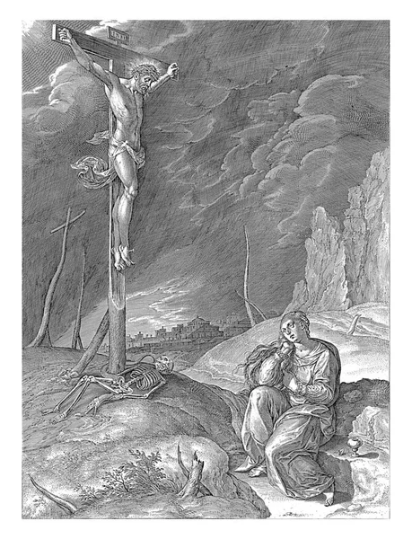 十字架でのキリストの苦難 ヒエロニムス ウィリックスは 1563年のギリス モスタートの後 1573年のキリストの死への苦難の前に キリストは十字架に掛けられ 足元には死を象徴する骨格があります — ストック写真