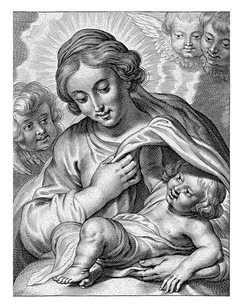 Maria Mit Kind Und Cherubim Unter Der Aufführung Steht Der — Stockfoto