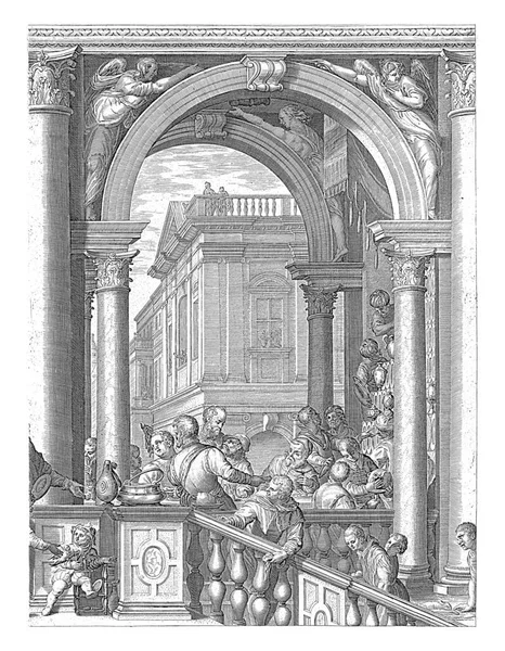 托勒纳尔家的文艺复兴时期的内部 在前面的楼梯与吃饭的客人 这印刷品有拉丁文字幕 — 图库照片