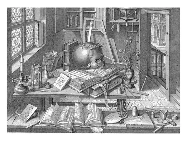 Натюрморт Черепом Лавровым Венком Хендрик Хондиус 1626 Год Ванитас Натюрморт — стоковое фото