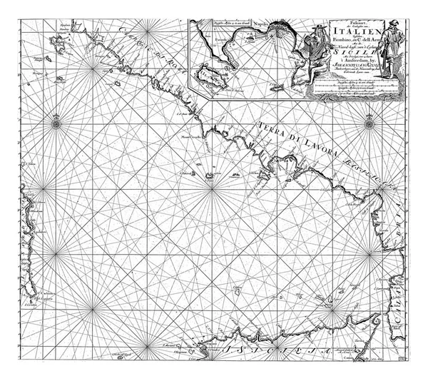 イタリアの南西海岸とシチリア島の北海岸の一部のパスポートマップは ナポリ湾のインセットマップで 2つのコンパスのバラで 北は上にあります — ストック写真