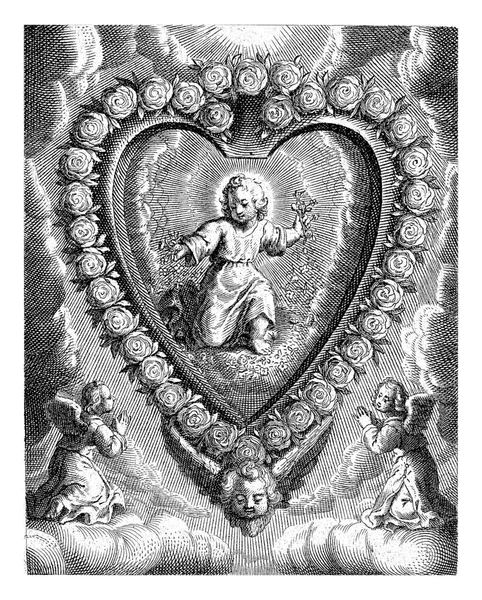 玫瑰之心中的基督儿童 科尔内里斯 1638 1678 基督儿童 散落花瓣 由玫瑰和云彩构成的心形框架 两个天使崇拜孩子 — 图库照片