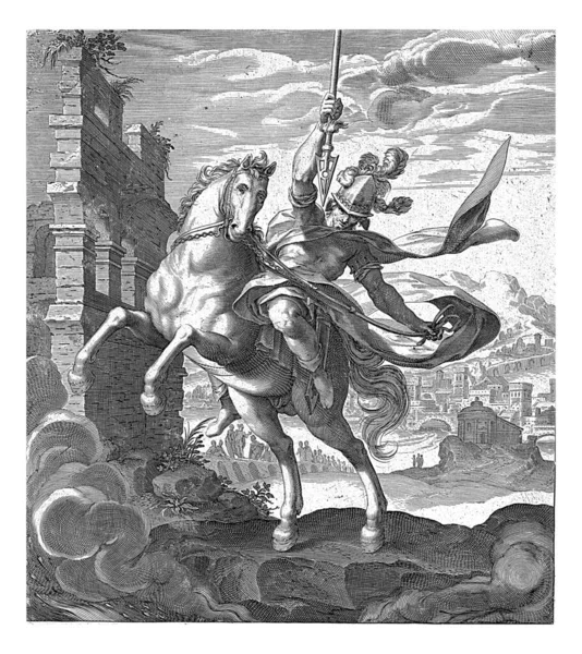 マーカス カーティスはローマを救うために喫煙室に飛び込もうとしている 馬に乗っており 右手に槍を持っている 左側には廃墟があり 遠くには人と橋が架かっている — ストック写真