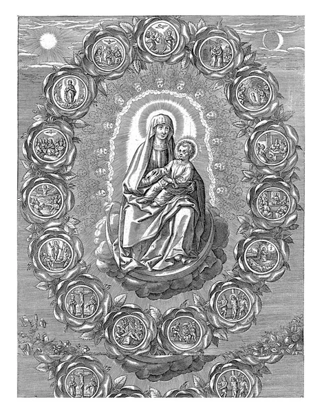 キリストの子をもって即位したマリア 15本のバラのリースの周り バラはそれぞれ福音からの一節 バラを祈るときに覚えておくべき信仰の15の秘密を描いています — ストック写真