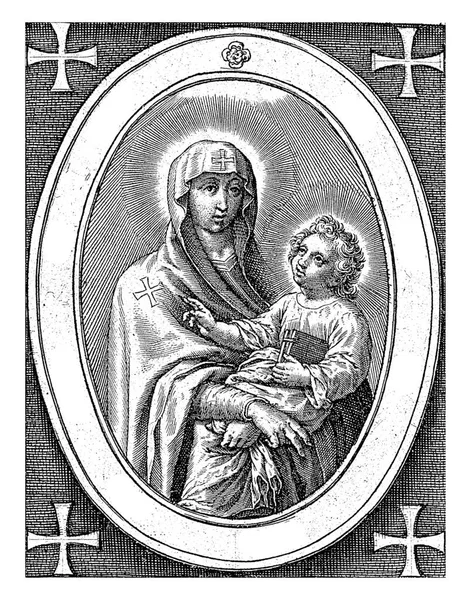 圣母玛利亚与基督之子安东尼 维鲁瓦 Antonie Wierix 1565年 1604年以前蒙面圣母玛利亚将基督之子抱在怀里 小孩腋下夹着一本书 做了个祝福的手势 — 图库照片
