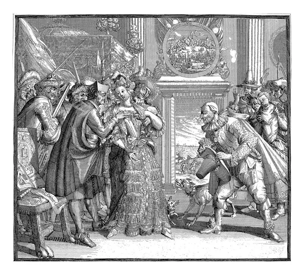 1689年的 路易十四漫画与法国新教徒的迫害 拉贝尔 康斯坦斯 法国新教徒 受到路易十四 耶稣会和士兵的追捧 — 图库照片
