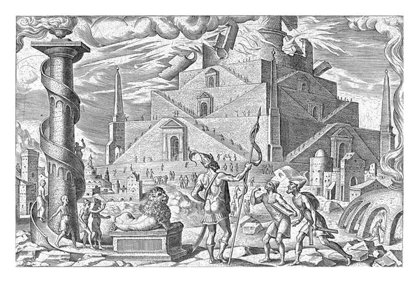 バベルの塔が建設中です 左前にはお椀を提供する喫煙コーナーがあります 正面中央には獅子像と二人の主人と兵士の像が立っている — ストック写真