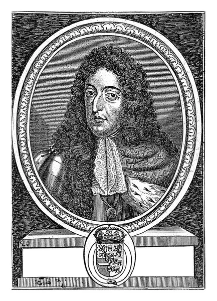 威廉三世在一个椭圆形月桂树叶中的肖像 包含了法语的日期和事件 中上二层 拿着一块有奖牌的布 — 图库照片