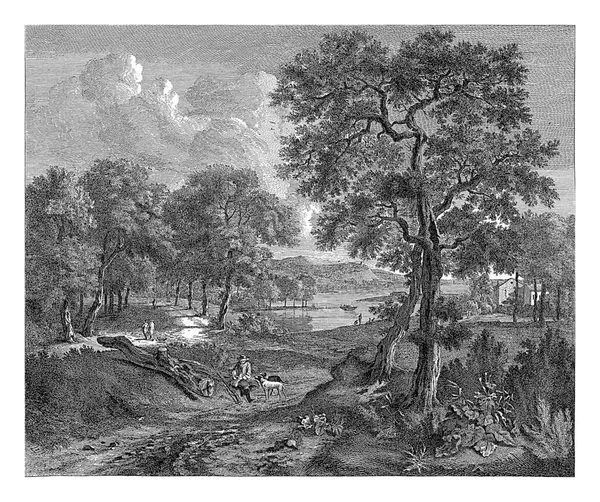 背景に湖とハーレムの外砂丘風景 前景には狩り犬2匹と休憩ハンター — ストック写真