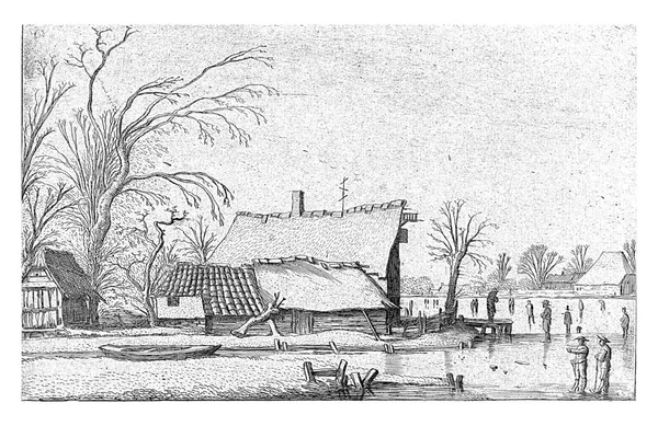Farma Zamrzlé Řeky Bruslaři Esaias Van Velde 1616 Ročník Rytý — Stock fotografie