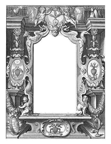 4人の伝道者の属性で飾られた中心部にカルトゥーシュとタイトルページ カルトゥーシュの上には2つのパテがあり それぞれがヤシの枝を持っている — ストック写真