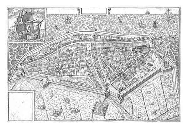 Map of the walled city of Medemblik, seen from a bird\'s eye view. Cows and horses in the meadow at the bottom.
