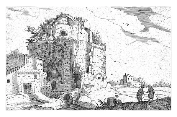 Слева Руины Пейзаже Справа Две Фигуры — стоковое фото