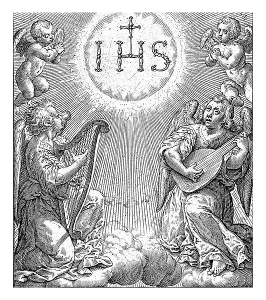 1619 이전의 음악가이며 예수회의 모노그램 Ihs 숭배하며 그위에 십자가가 — 스톡 사진