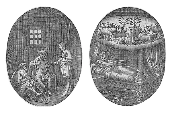 约瑟夫在监狱里解释国王的侍从和烘培者的梦想 右边是睡在床上的法老 他的床上躺着七只奶牛 汉斯詹森 1615 1651年 — 图库照片