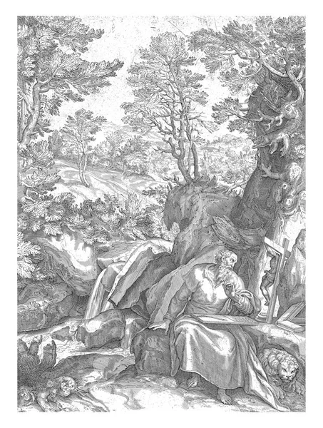 Landskap Med Jerome Översätta Bibeln Cornelis Cort Efter Girolamo Muziano — Stockfoto
