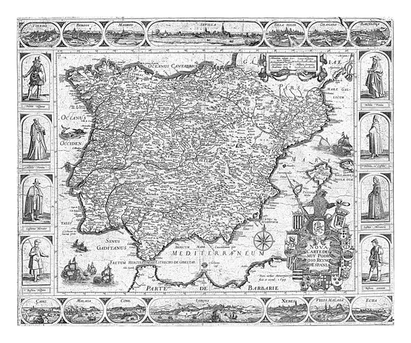 Mapa España Portugal Pieter Verbiest 1649 Mapa España Portugal Rodeado — Foto de Stock