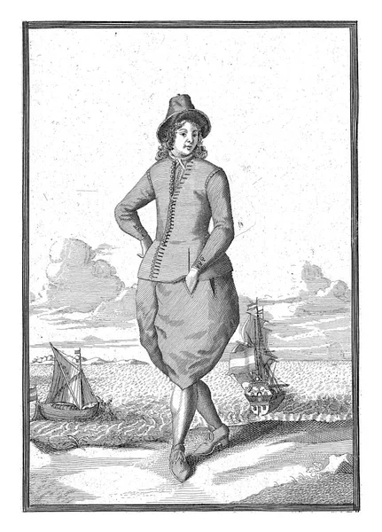 1669年 1689年或之前 一位来自弗利兰岛的农民站在海滩上 他穿着宽膝盖裤 戴着一顶帽子 — 图库照片