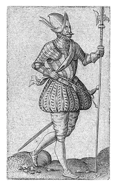 Halberdier Sixteenth Century Clothing Profile Right Holds Halberd His Left — Stock Photo, Image