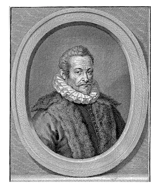 Sint Aldegonde领主Philip Van Marnix右边的一个椭圆形 这幅肖像画的柱头上有他的名字和头衔 用荷兰语写着两行字 — 图库照片