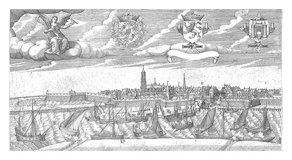 Gorinchem城视图 Nicolaes Weydtmans 1600 Gorinchem城视图 在莫尔韦德河的前方 有几艘船 — 图库照片