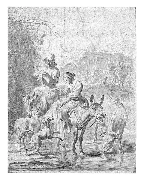 Pastorella Asino Pastore Cavallo Attraversando Ruscello Nicolaes Pietersz Berchem 1652 — Foto Stock